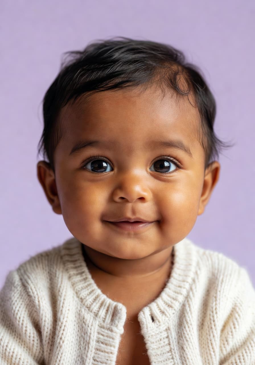 AI baby photo generator result with pastel lavender backdrop and warm skin tone