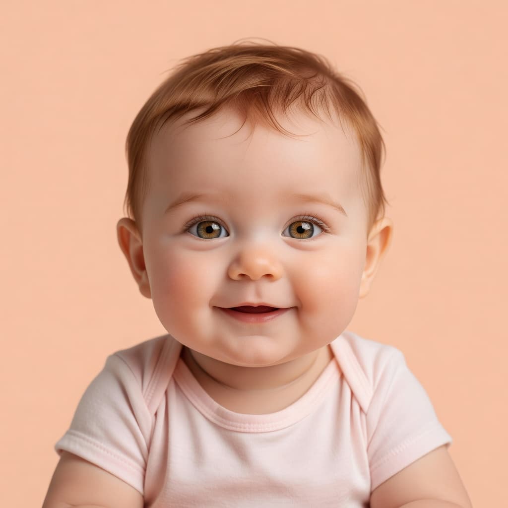 Future baby photo generator example, peach pastel backdrop, photorealistic AI baby
