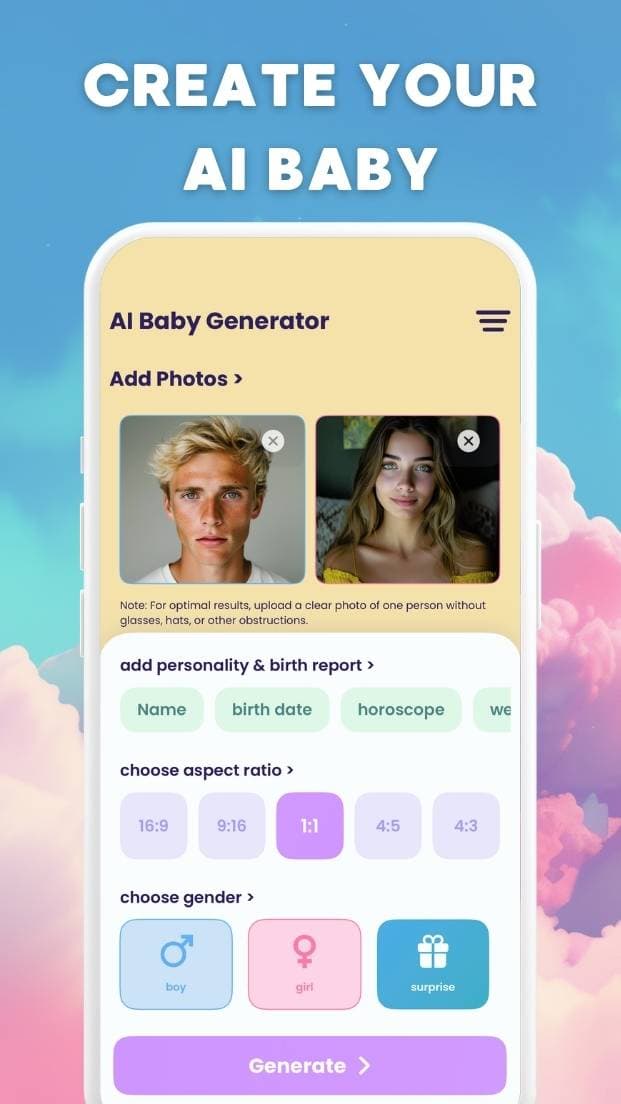 Bae future baby generator app screen — AI baby preview on iPhone